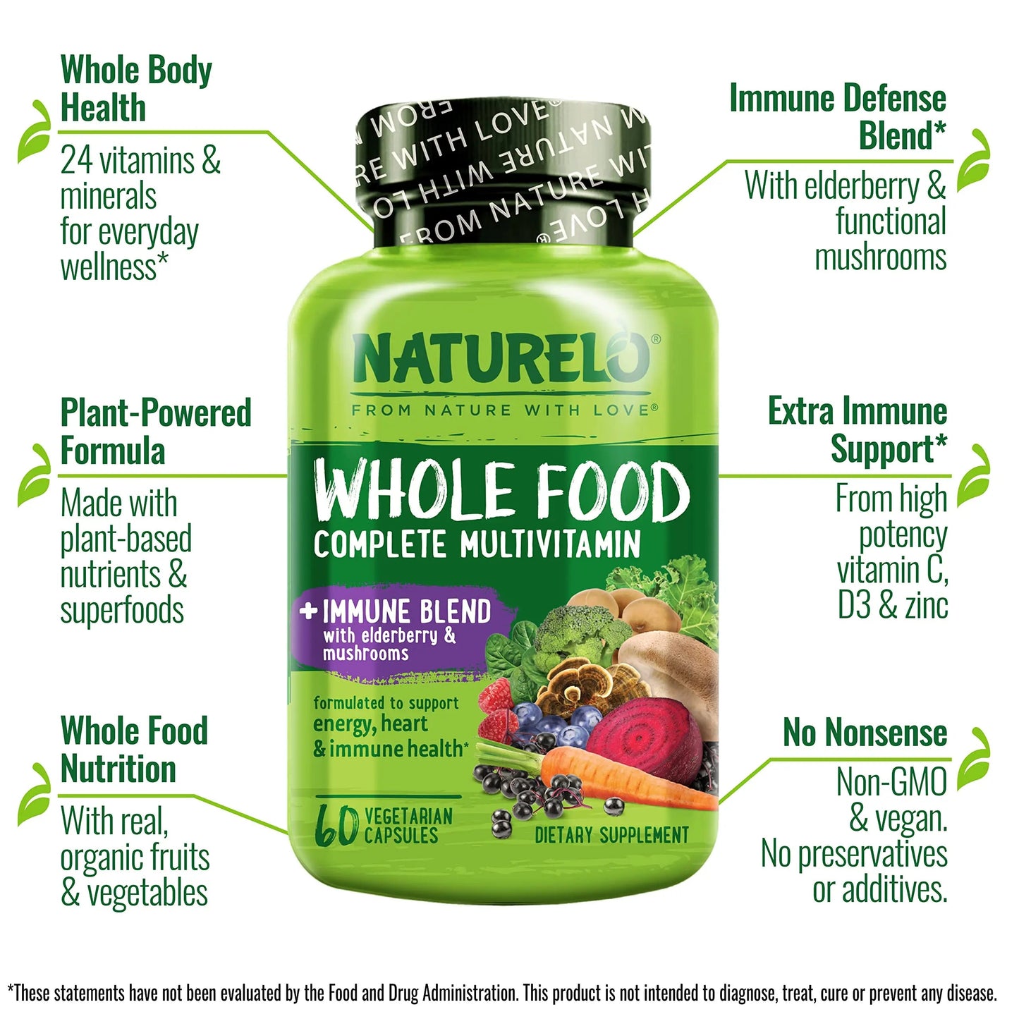 NATURELO Whole Food Multivitamin + Immune Blend with Elderberry & Mushrooms - Complete Multivitamin with Extra Immune Support NATURELO
