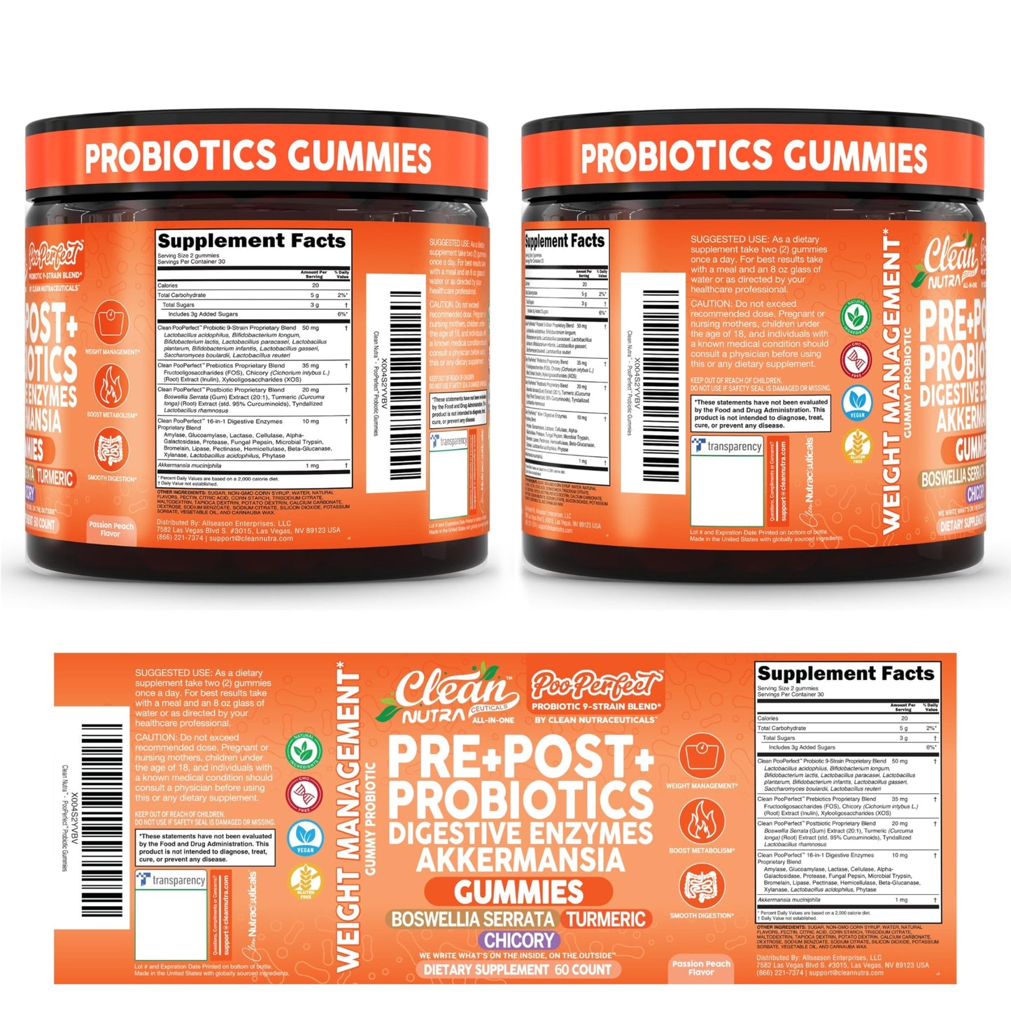 Clean Nutra Prebiotic Postbiotic Digestive Enzymes Gummies with Chicory Root, Boswellia Serrata, Turmeric, and Akkermansia | Pre+Post Probiotics Supplement