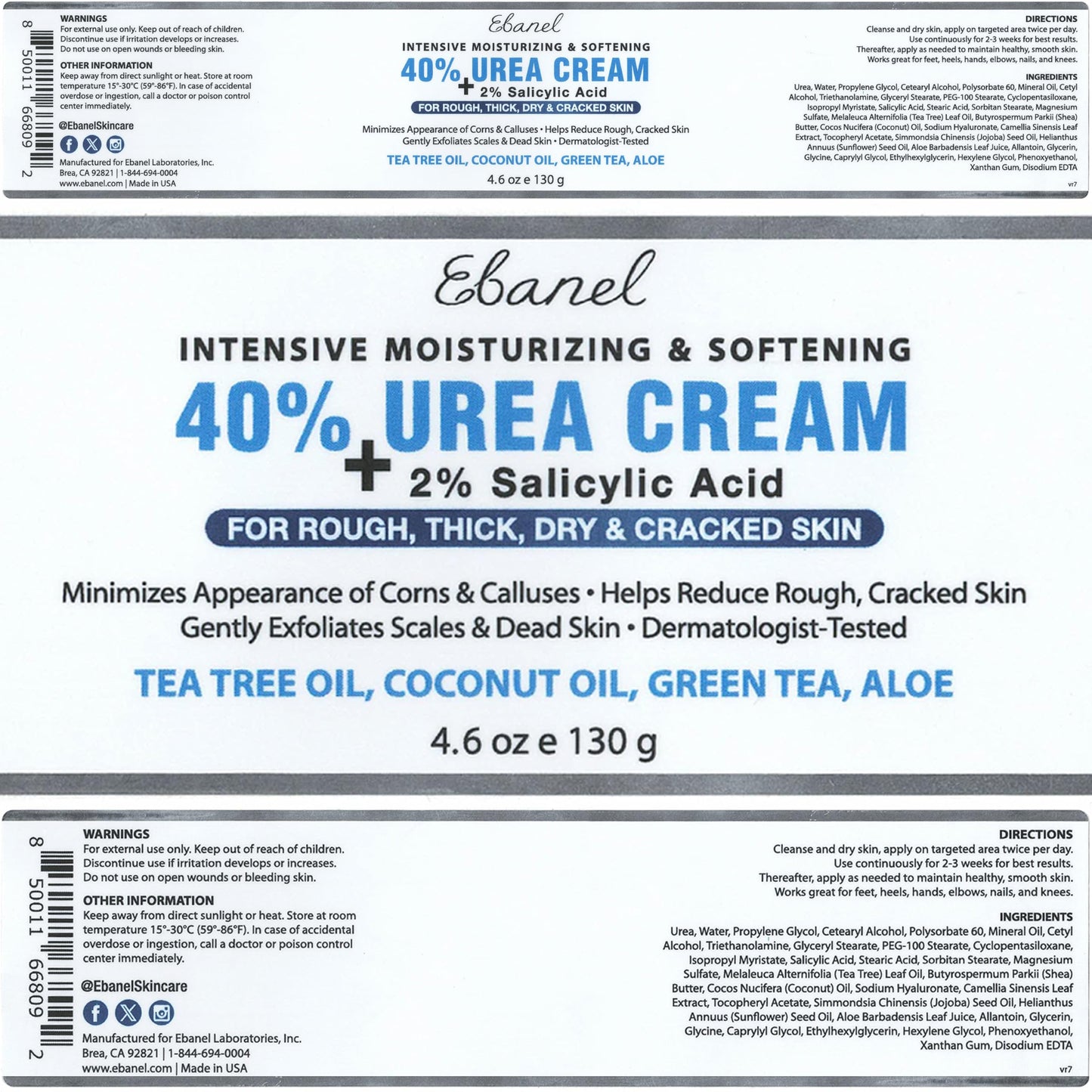 Ebanel Urea Cream 40% plus Salicylic Acid 2%, Foot Cream for Dry Cracked Heels Feet Knees Elbows Hands, Foot Dead Skin Cuticle Callus Remover Toenail Softener, Keratolytic Skin Barrier Repair, 3-Pack