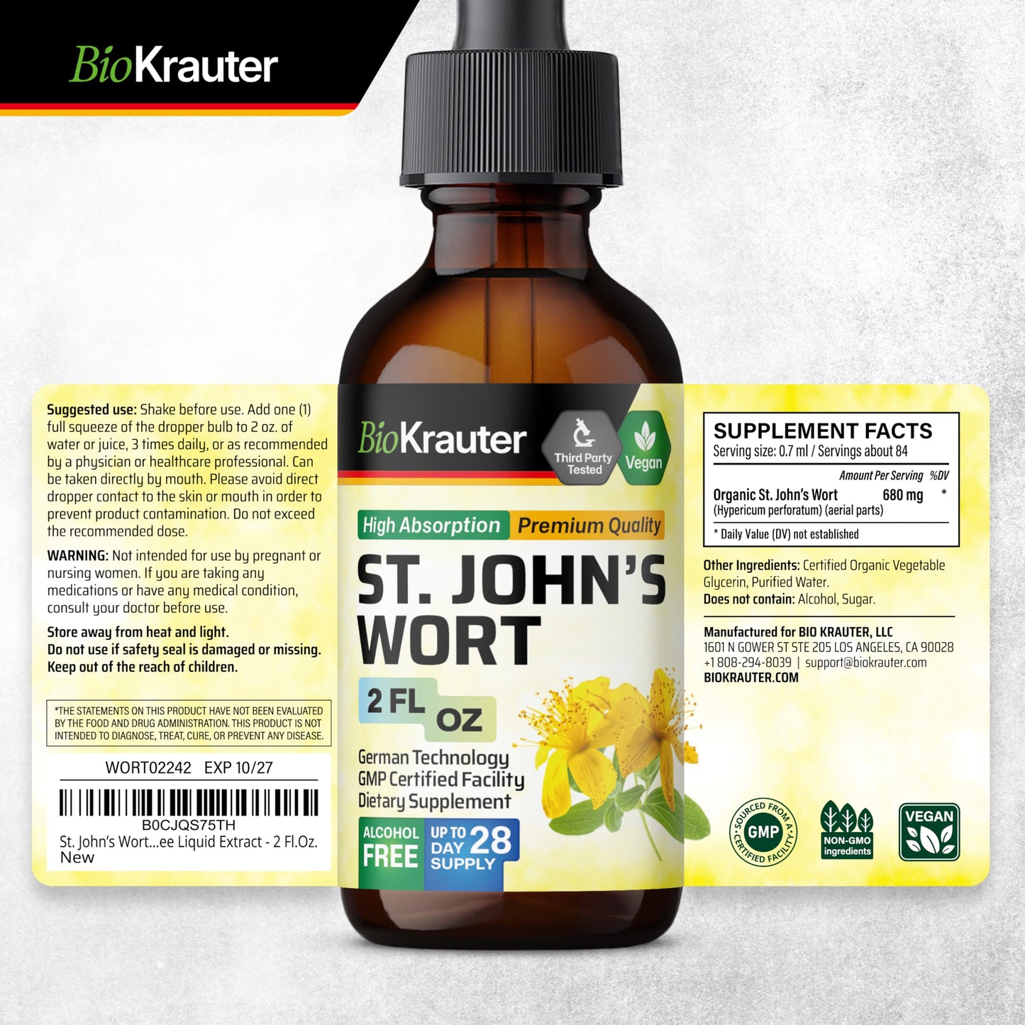 BIO KRAUTER® St Johns Wort for Calm & Mood Support - Vegan St. John's Wort for Relaxation & Emotional Wellness Support - Calm Drops 2 Fl.Oz., 28-Day Supply, Alcohol & Sugar Free Herbal Supplements
