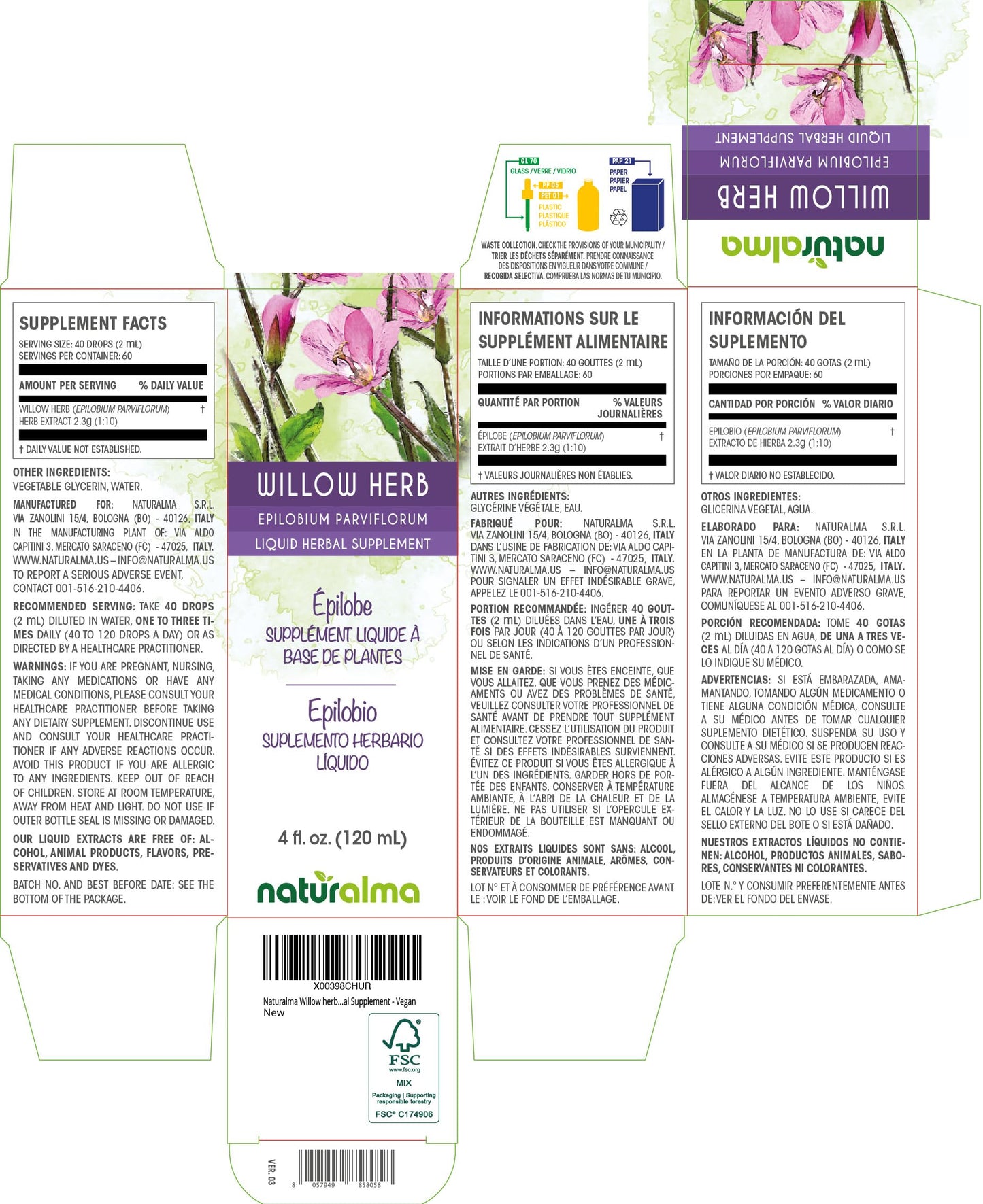 Naturalma Willow herb or Fireweed (Epilobium parviflorum) herb Alcohol-Free Tincture - 4 fl oz Liquid Extract in Drops - Herbal Supplement - Vegan NaturalmaBuy Supplements Australia