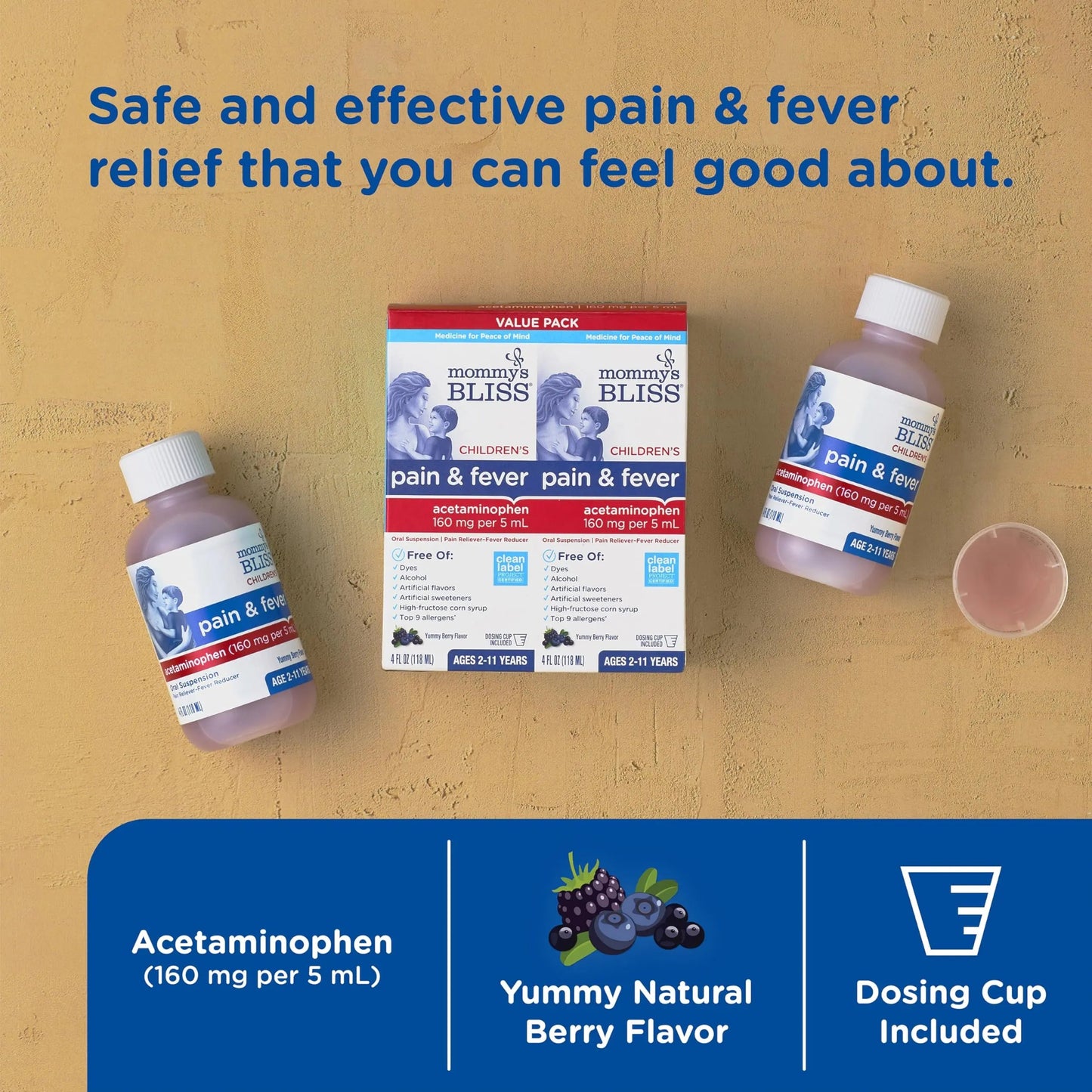 Mommy's Bliss Children's Pain and Fever Reducer, Kids Acetaminophen, Dye Free, Delicious Mixed Berry Flavor, Ages 2+, 4 Fluid Ounces (Pack of 2) Mommy's BlissBuy Supplements Australia