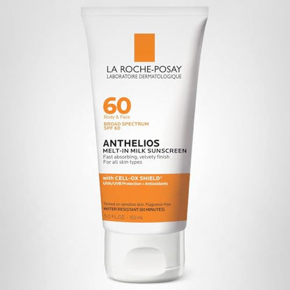 La Roche-Posay Anthelios Melt-In Milk Sunscreen SPF 60, Sunscreen For Body & Face, Broad Spectrum SPF + Antioxidants, Oil Free