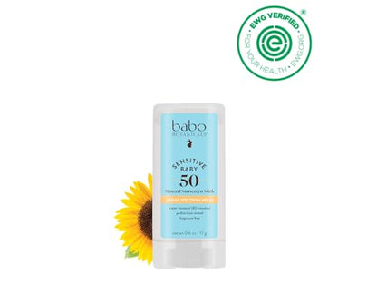 Babo Botanicals Sensitive Baby Mineral Sunscreen Stick SPF 50 - 70% Organic Ingredients - Zinc Oxide - NSF & MADE SAFE and EWG Certified