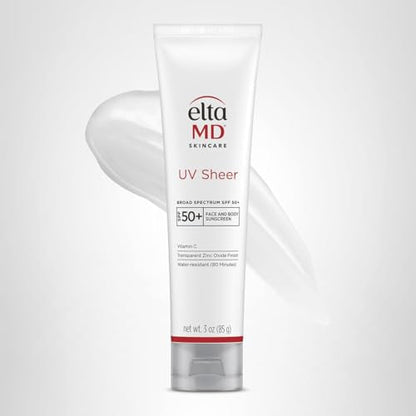 EltaMD UV Sheer Face and Body Sunscreen SPF 50+, Oil Free, No White Cast Sunscreen for Face and Body, Zinc Oxide Formula, 3.0 oz Tube