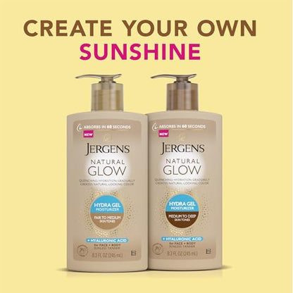 Jergens Natural Glow Hydra Gel Moisturizer, Hyaluronic Acid Tanning Lotion, Hydrating Tanning Gel, Fragrance-Free Self Tanner