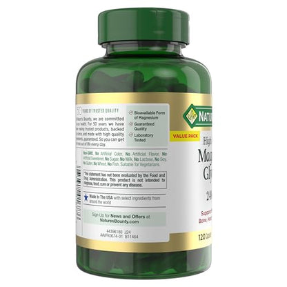 Nature’s Bounty High Absorption Magnesium Glycinate 240 mg for Supporting Muscle Relaxation and Bone, Heart & Nerve Health – Non-GMO, Gluten-Free, Vegetarian, 120 Count/60 Servings Nature's BountyBuy Supplements Australia