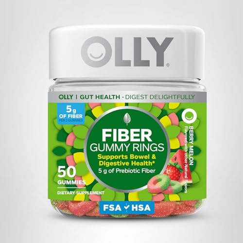 OLLY Fiber Gummy Rings, 5g Prebiotic Fiber, FOS (Fructo-oligosaccharides), Digestive Support, Berry Melon 50ct