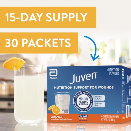 Juven Therapeutic Nutrition Drink Powder Including Collagen Peptides, Amino Acids, and HMB for Wound Healing Support, Orange, 30 Packets