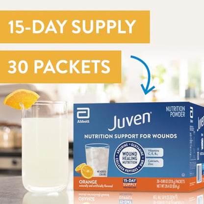 Juven Therapeutic Nutrition Drink Powder Including Collagen Peptides, Amino Acids, and HMB for Wound Healing Support, Orange, 30 Packets
