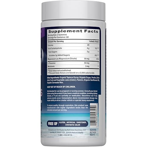 Natural Vitality SLEEP Gummies, Magnesium Supplement With Melatonin and L-Theanine, Vegan, Gluten Free, Helps the Body Ease Into Sleep