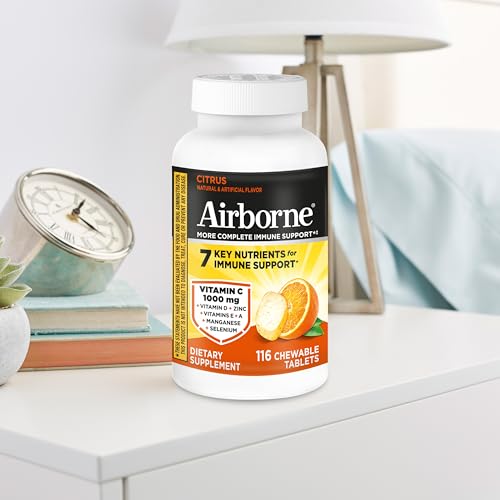 Airborne Vitamin C 1000mg (per Serving) - Citrus Chewable Tablets (116 Count in a Bottle), Gluten-Free Immune Support Supplement, with Vitamins A C E, Zinc, Selenium