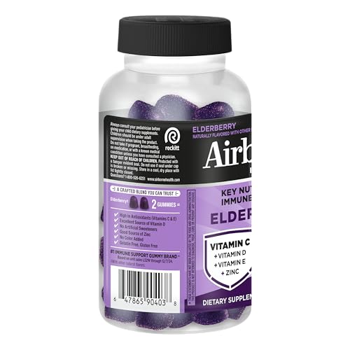 Airborne Elderberry + Zinc & Vitamin C Gummies For Adults, Immune Support Vitamin D & Zinc Gummies With Powerful Antioxidant Vitamins C D & E