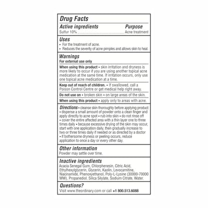 The Ordinary Sulfur 10% Powder-to-Cream Acne Spot Treatment Concentrate, Reduces Pimple Size and Zit Redness, 0.18 Oz