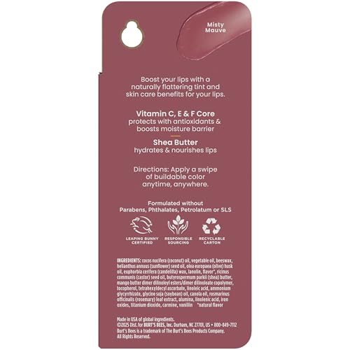 Burt’s Bees Tinted Boosted Balm, Misty Mauve, Hydrating Tinted Lip Balm with Vitamin C, E, and F Core, 24 Hour Lip Moisturizer with Responsibly Sourced Beeswax, 100% Natural Origin, 1 Count, 0.16oz Burt's BeesBuy Supplements Australia