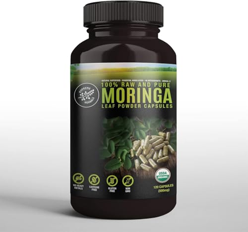SUPREME HERBALS, 100% Raw and Pure Moringa Leaf Powder Capsules. Organic Certified Moringa Leaf. Natural Superfood with Essential Amino Acids