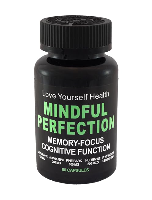 Black supplement bottle labeled 'Mindful Perfection' for memory, focus, and cognitive function on a white background.