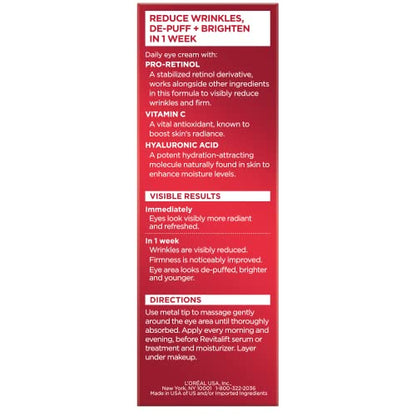 L'Oreal Paris Revitalift Triple Power Anti-Aging Eye Cream, Pro Retinol, Hyaluronic Acid & Vitamin C