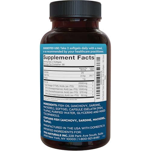 Triple Strength Fish Oil Omega 3 Supplements for Women and Men – 2500 mg High-Potency, Easy-to-Absorb Re-esterified Triglyceride Form, Pescatarian-Friendly DPA Omega 3 EPA DHA Supplement,180 Softgels Viva NaturalsBuy Supplements Australia