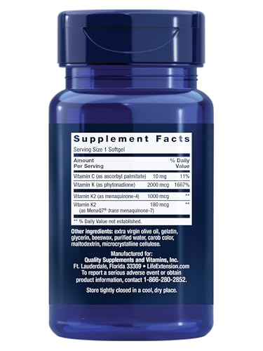 Life Extension Super K, Vitamin K Supplement, 2000 Mcg Vitamin K and 1180 Mcg Vitamin K2, Heart Health, Once-Daily, 90 Softgels