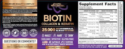 NUTRAHARMONY Biotin | Collagen | Hyaluronic Acid | Keratin - Support Normal Hair Growth Cycle - Skin & Nails - 25000mcg Vitamins B1, B2, B3, B6 & B7