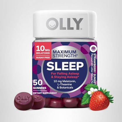 OLLY Max Strength Sleep Gummy, 10mg Melatonin, L-Theanine, Chamomile, Lemon Balm, Sugar Free, Vegetarian Sleep Aid, Strawberry - 70 Count