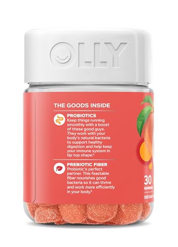 OLLY Probiotic + Prebiotic Gummy, Digestive Support and Gut Health, 500 Million CFUs, Fiber, Adult Chewable Supplement
