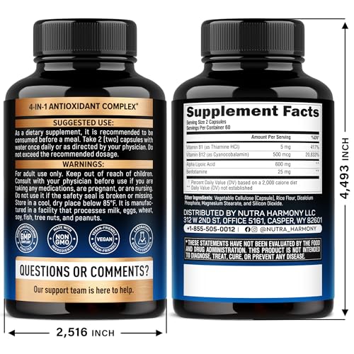 Alpha Lipoic Acid 600mg - ALA Supplement Antioxidant for Nerve, Energy & Metabolism Support - Extra Strength with Benfotiamine, B1 & B12 - Lab Tested, NON-GMO & Vegan