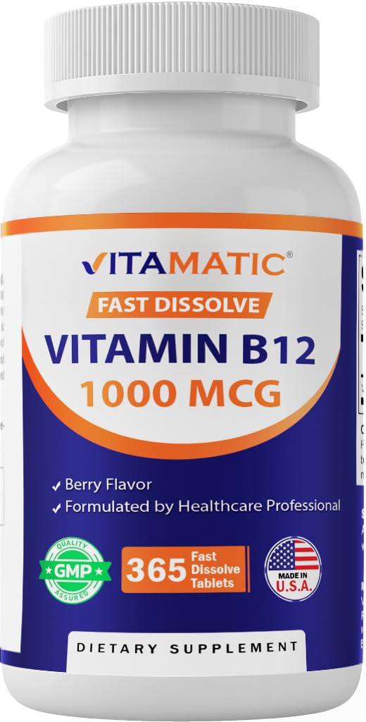 Vitamatic Vitamin B12 1000 mcg Fast Dissolve – 365 Tablets – Natural Berry Flavor – Supports Energy Metabolism