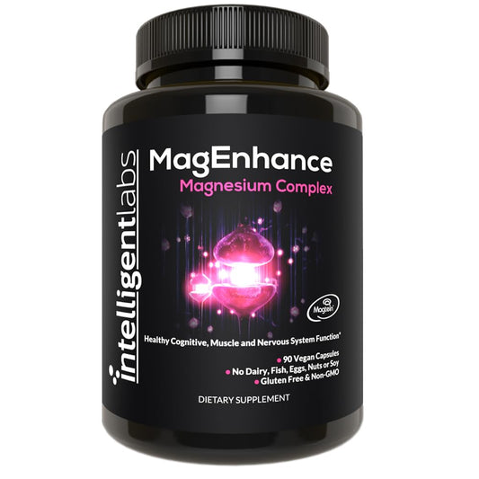Supplement bottle labeled 'MagEnhance' by Intelligent Labs on a white background