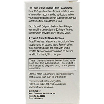 Feosol Original Iron Supplement Tablets, Non-heme, 65mg Iron per Pill, 1 Per Day, 120ct, 4 Month Supply, for Energy and Immune System Support, Made in USA