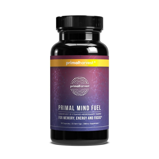 Supplement bottle labeled 'Primal Mind Fuel' by Primalharvest on a white background