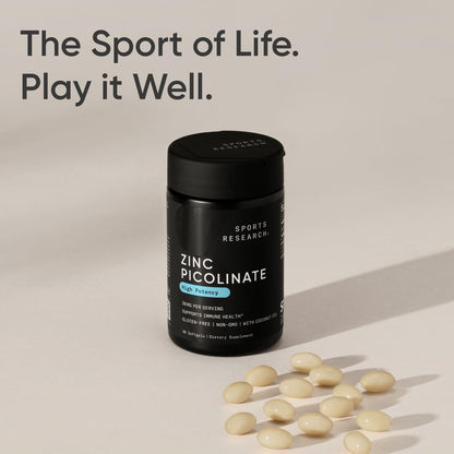 Sports Research High Potency Zinc Picolinate 30mg with Organic Coconut Oil | Highly Absorbable Zinc Supplement for Healthy Immune & Enzyme Function