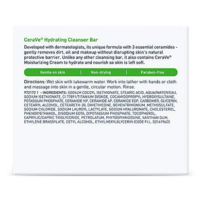 CeraVe Hydrating Cleanser Bar, Soap-Free Body and Facial Cleanser with 5% Moisturizing Cream, Fragrance-Free, 2-Pack, 4.5 Ounce Each
