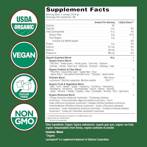 Country Farms Organic Super Greens Natural Flavor, 50 Organic Super Foods, Packed with Fiber, USDA Organic Drink Mix, Fruits, Vegetables, Mushrooms & Probiotics