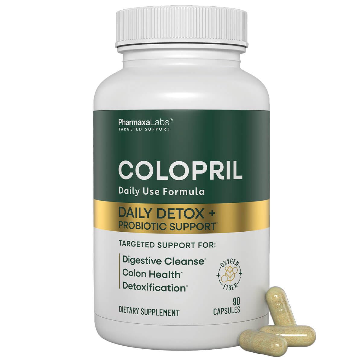 Supplement bottle labeled 'Colopril' with capsules on a white background
