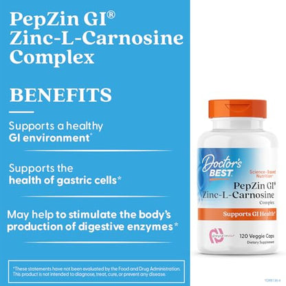 Doctor's Best PepZin GI, Zinc-L-Carnosine Complex for Men & Women - Zinc Carnosine Supplement Caps for Gut Health, Digestive Support, & Stomach Comfort