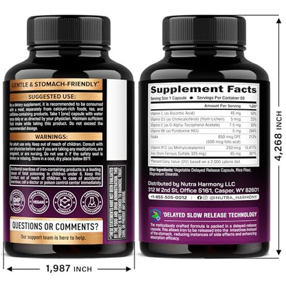 Iron Supplement for Women - Iron 65mg (Ferrous Sulfate 325mg) - Stomach Friendly | Slow Release Iron | High Absorption - Vitamins C, D3, B6, B12 & Folate