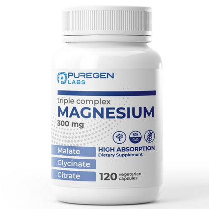 Supplement bottle labeled 'Triple Complex Magnesium' by Puregen Labs on a white background