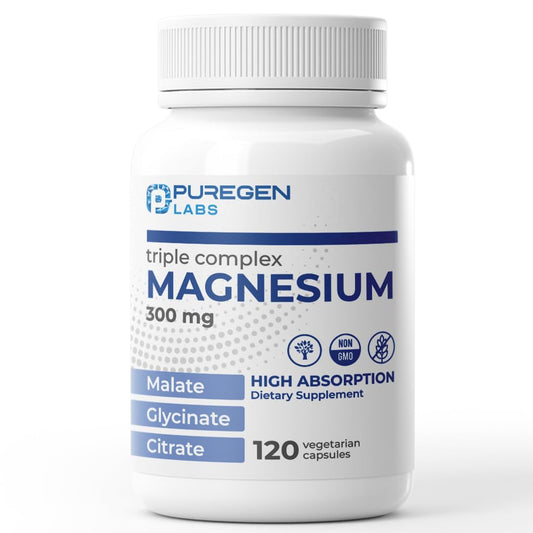 Supplement bottle labeled 'Triple Complex Magnesium' by Puregen Labs on a white background