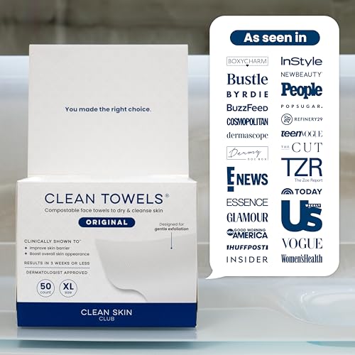 Clean Skin Club Clean Towels XL®, 100% USDA Biobased Face Towel, Disposable Face Towelette, Eczema Association Accepted, Makeup Remover Dry Wipes, Ultra Soft, 1 Pack, 50 Ct CLEAN SKIN CLUBBuy Supplements Australia
