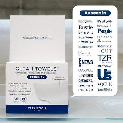Clean Skin Club Clean Towels XL®, 100% USDA Biobased Face Towel, Disposable Face Towelette, Eczema Association Accepted, Makeup Remover Dry Wipes, Ultra Soft, 1 Pack, 50 Ct CLEAN SKIN CLUBBuy Supplements Australia