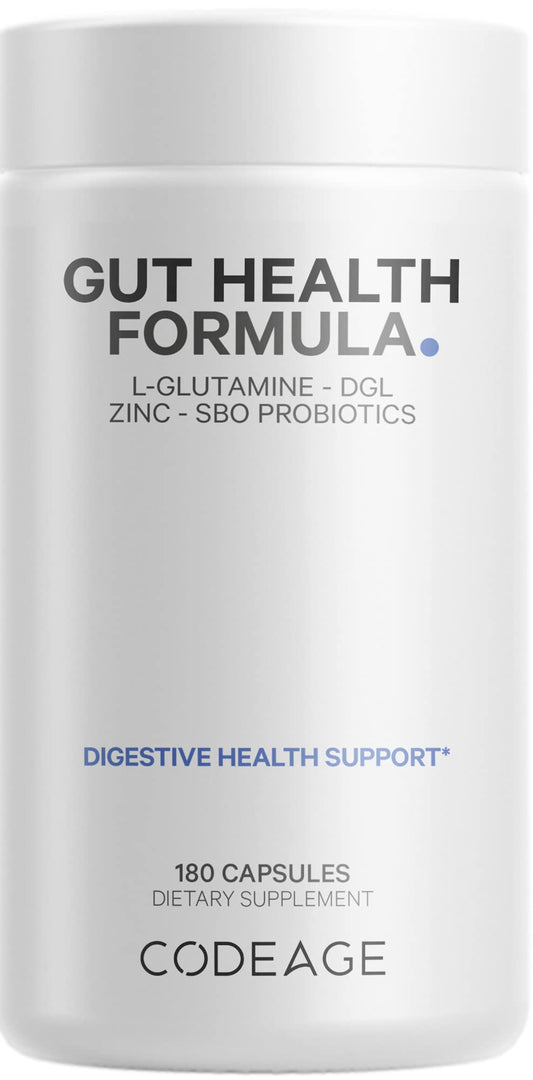 Codeage Gut Health Supplements Vegan Formula - L Glutamine, Zinc, Turkey Tail Mushroom Powder, Tonic Mushroom, Maitake, Micro Algae, Mineral, Licorice Root DGL - Probiotics, Prebiotics - 180 Capsules CodeageBuy Supplements Australia