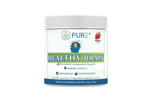 Supplement container labeled 'PURE Healthy Brain' on a white background