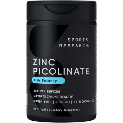 Sports Research High Potency Zinc Picolinate 30mg with Organic Coconut Oil | Highly Absorbable Zinc Supplement for Healthy Immune & Enzyme Function