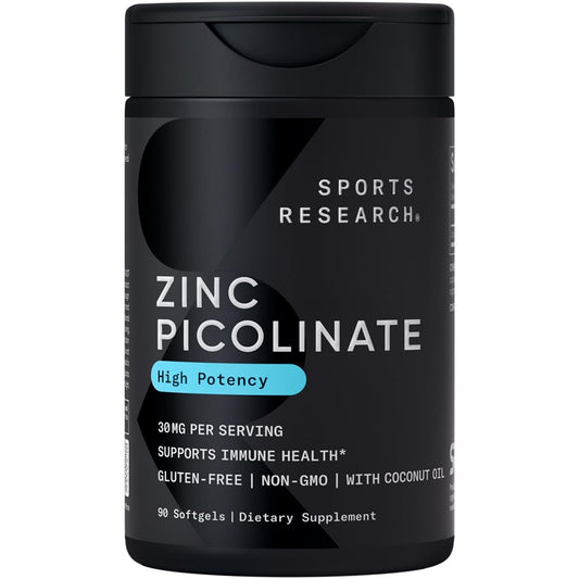 Sports Research High Potency Zinc Picolinate 30mg with Organic Coconut Oil | Highly Absorbable Zinc Supplement for Healthy Immune & Enzyme Function