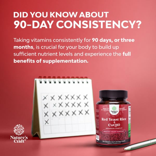 Natures Craft Red Yeast Rice with CoQ10 Supplement - Advanced Healthy Heart & Healthy Cholesterol Levels Formula for Men & Women - Red Yeast Rice Capsules with 1200 mg