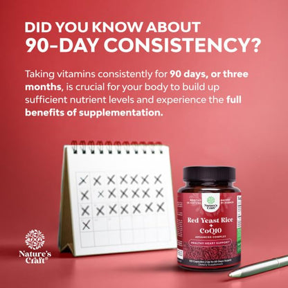 Natures Craft Red Yeast Rice with CoQ10 Supplement - Advanced Healthy Heart & Healthy Cholesterol Levels Formula for Men & Women - Red Yeast Rice Capsules with 1200 mg