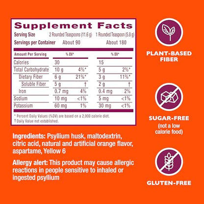 Metamucil 4-in-1 Psyllium Husk Friendly Fiber Supplement, Sugar-Free, 180 teaspoons, Orange Flavored, Daily Fiber Powder for Digestive Health