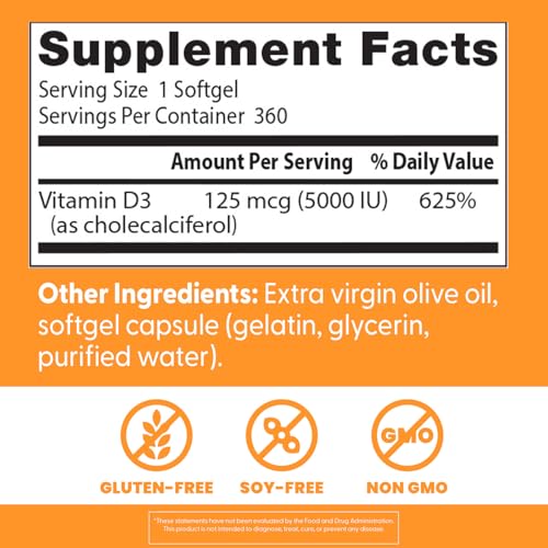 Doctor's Best Vitamin D3 5000 IU Softgels for Men & Women - Vitamin D Supplement for Immune System & Heart Health Support, 125 mcg per Serving, VIT D 3